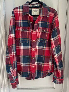 Abercrombie & Fitch Plaid Flannel Shirt | Men’s XL Muscle Fit | Red Navy Cotton